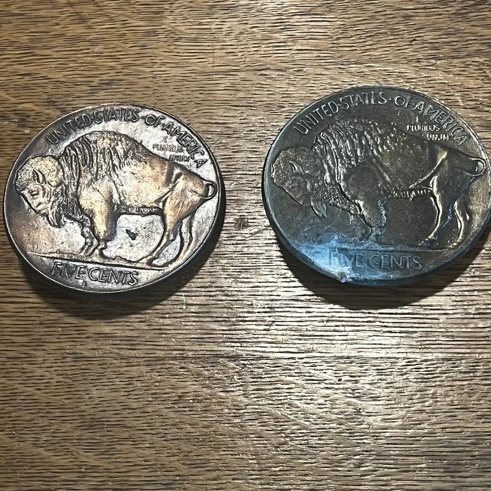 Lot of 2 VTG Buffalo 5 Cents Nickel Belt Buckle Silver Round USA 3